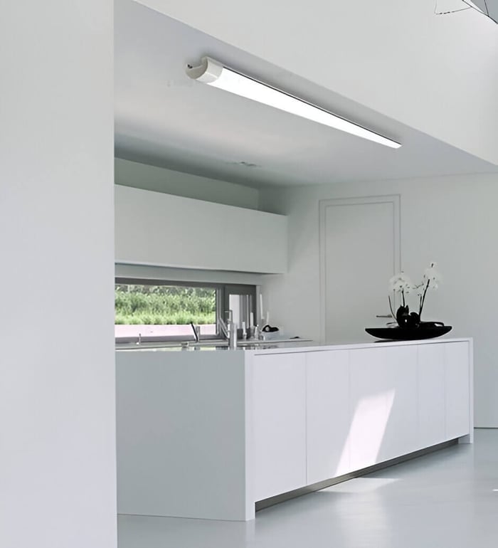 Batten Lights on a hallway ceiling providing practical lighting for stairs and walkways.