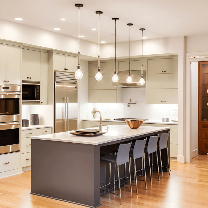 Spacious contemporary kitchen with a long gray island, four barstools, and a row of exposed-bulb pendant lights, surrounded by light-colored cabinets, stainless steel appliances, and warm wood flooring.