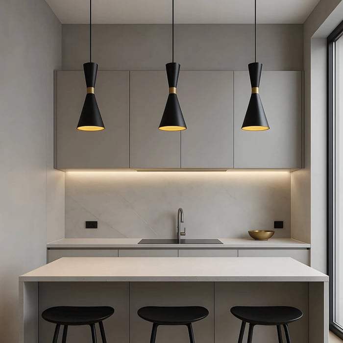 Minimalist kitchen with gray cabinets, white countertops, and three black pendant lights above a breakfast bar with black stools.