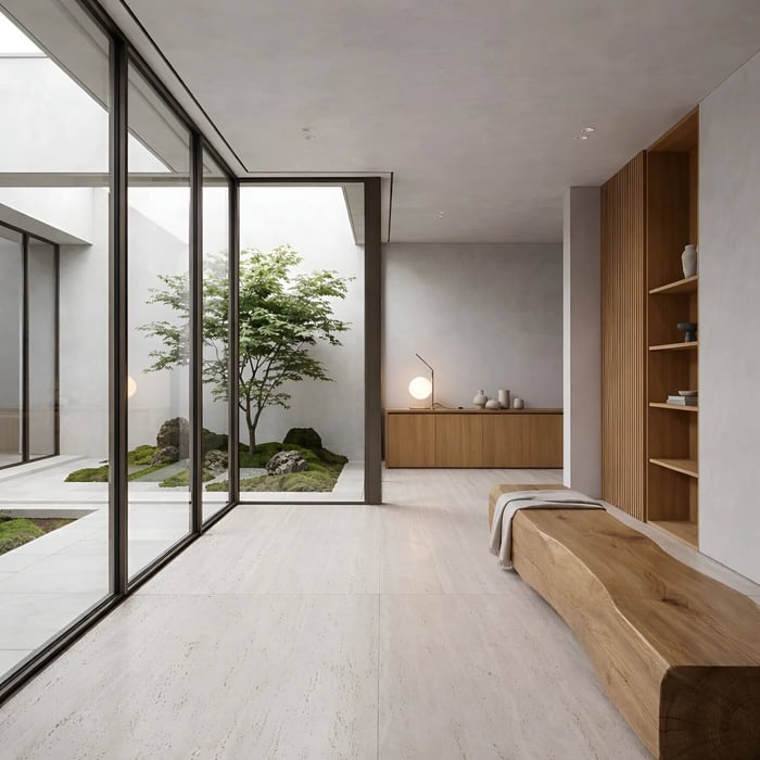 A minimalist white orb lamp on a wooden sideboard in a serene space featuring an indoor Zen garden and a large glass-walled courtyard..