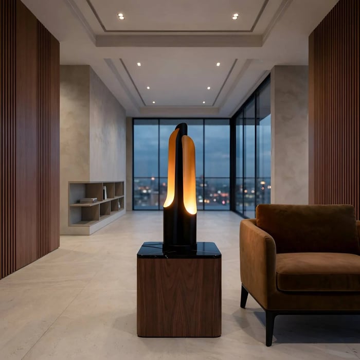 A sculptural, vertical black table lamps with warm internal light positioned on a wood and marble pedestal in a contemporary lounge..