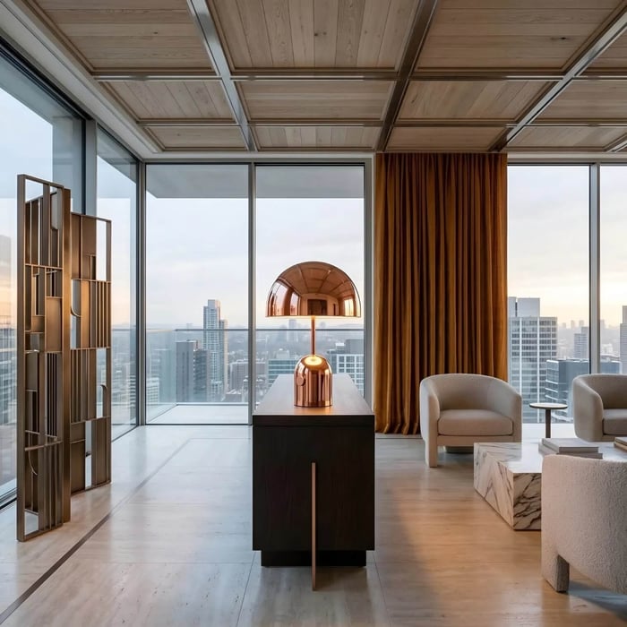 A reflective copper-toned domed table lamp on a dark wood console overlooking a city skyline through floor-to-ceiling windows.