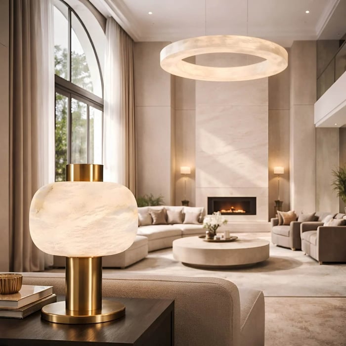 Luxurious double-height living room with a large circular pendant light above a seating area and fireplace.