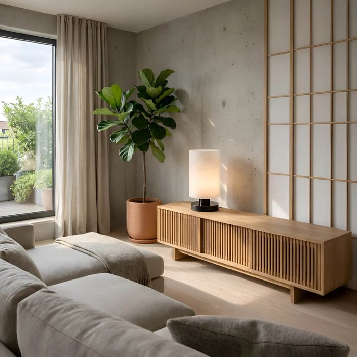 Modern minimalist living space with a cylindrical table lamp on a wooden console beside a potted plant and balcony window.
