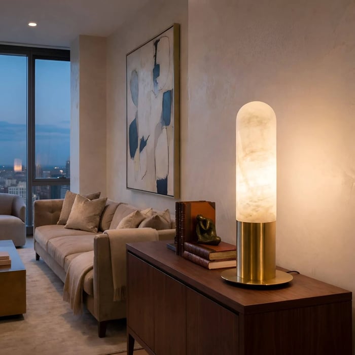 Elegant living room at dusk with a tall alabaster-style table lamp on a wooden sideboard next to a plush sofa.