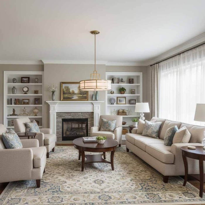 Traditional living room with a brass-and-white drum chandelier centered above a seating area, fireplace mantel, built-in shelves, and soft neutral décor.