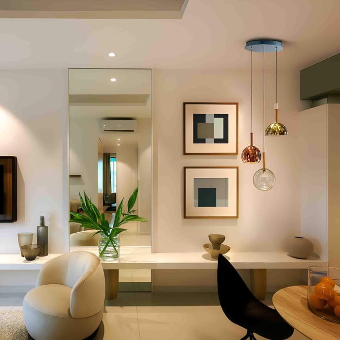 Modern open-plan living room with warm recessed lighting, three mixed-metal globe pendant lights, a wall-mounted TV, minimalist console, abstract art, and neutral seating.