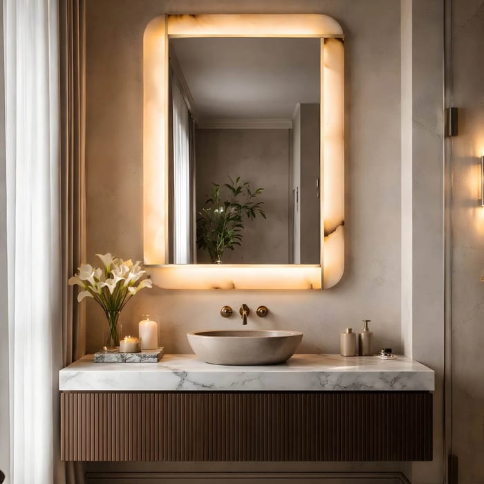 Rectangular backlit alabaster mirror above a marble vanity with warm ambient glow in a modern bathroom.