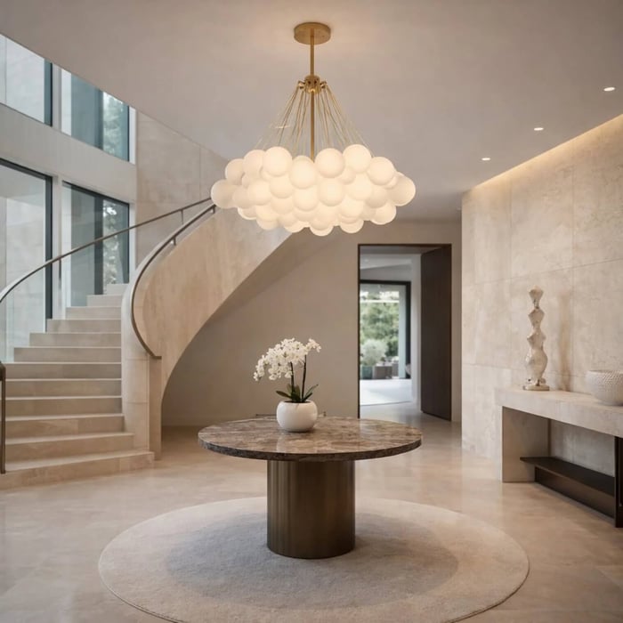 A wide, sunlit foyer featuring a curved beige staircase and a large, cloud-like chandelier made of frosted glass globes. In the center, a round marble table holds a potted white orchid atop a circular rug.