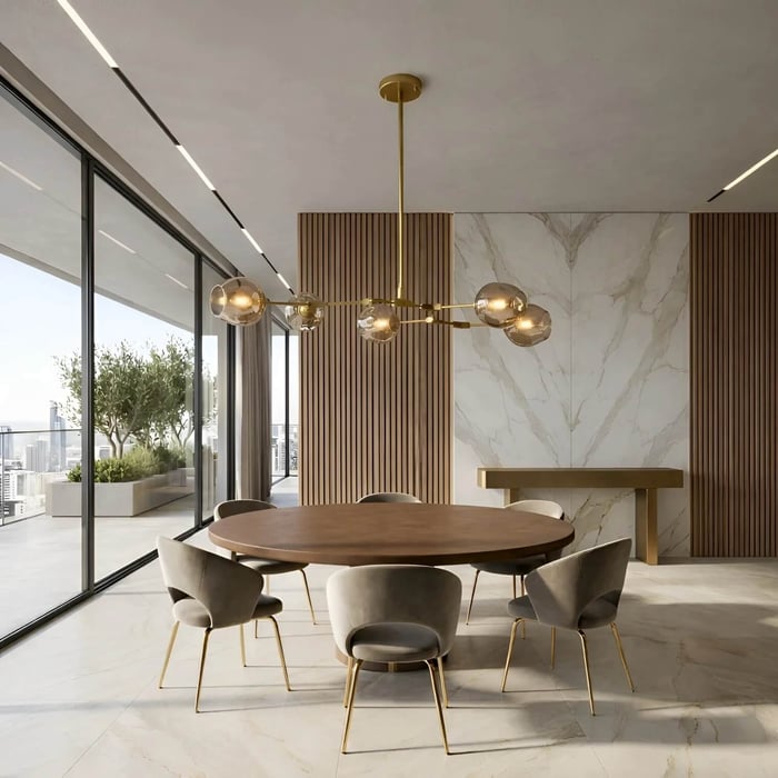 A minimalist dining room with floor-to-ceiling windows overlooking a city. A round wooden table is surrounded by six grey velvet chairs with gold legs, illuminated by a thin gold chandelier with amber glass bulbs.