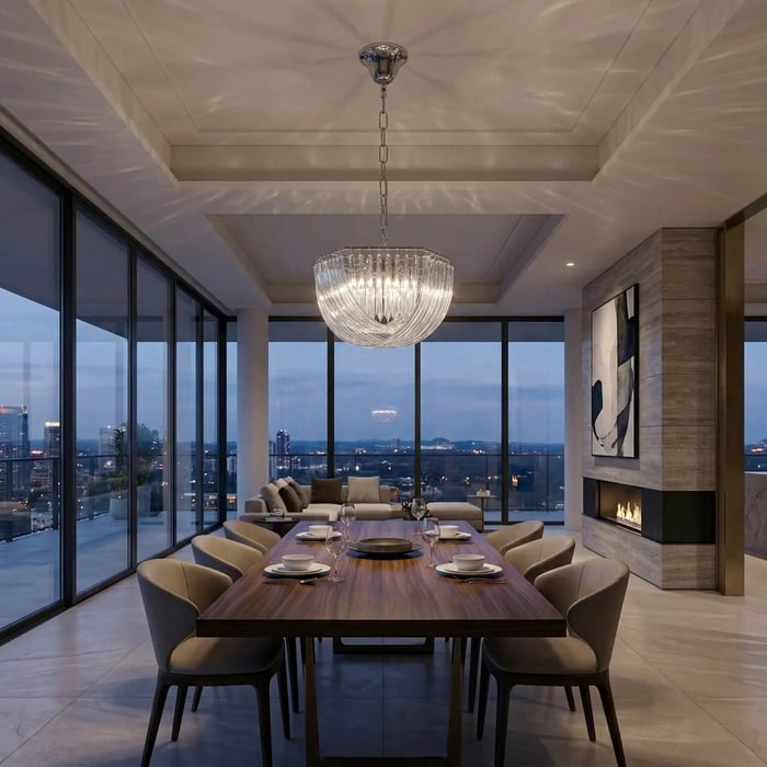 A high-end dining area at dusk featuring a long dark wood table set for six. A large, shimmering crystal bowl modern chandeliers hangs from a recessed ceiling, reflecting light across the room and the city skyline visible through the windows.