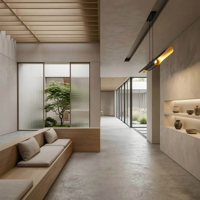 A serene, Japanese-inspired hallway with a built-in wooden bench and concrete floors. A slatted wooden skylight filters light onto a small indoor courtyard with a bonsai tree, while a sleek, black and gold linear pendant light hangs on the right.