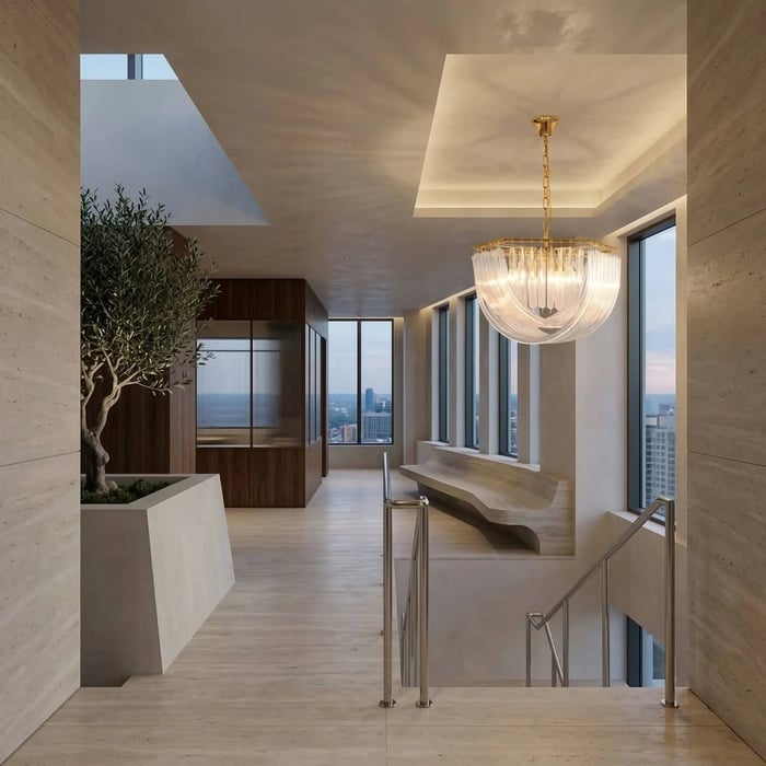 A spacious, light-filled upper gallery with travertine walls and floors. A tiered crystal chandelier hangs near a curved stone bench, while a large indoor planter holds a mature olive tree next to a staircase.