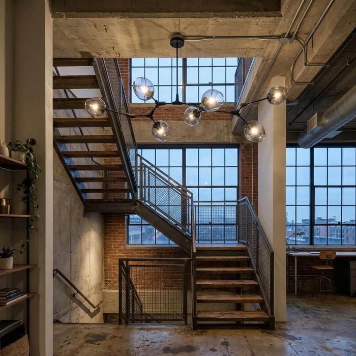 An industrial-style loft featuring a metal and wood staircase against a red brick wall. A large, branching black chandelier with smoky glass globes hangs from an exposed concrete ceiling, illuminating the space between large grid-style windows.