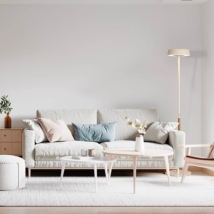 Minimalist living room with a neutral sofa, pastel pillows, and a modern floor lamp beside light wood furniture.