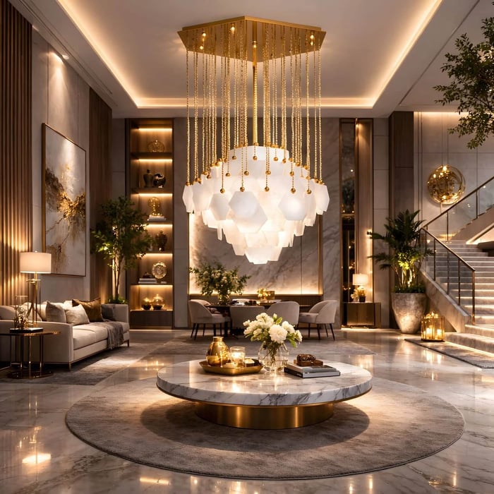Luxury interior featuring a dramatic alabaster chandelier with cascading crystal accents.