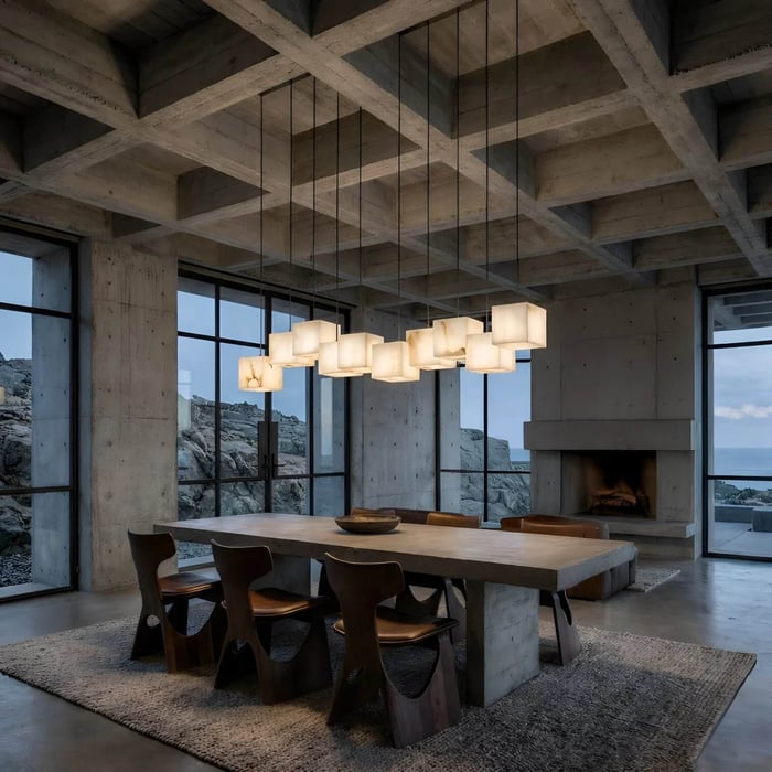Modern dining room with alabaster pendant lighting above a large concrete dining table and wooden chairs.