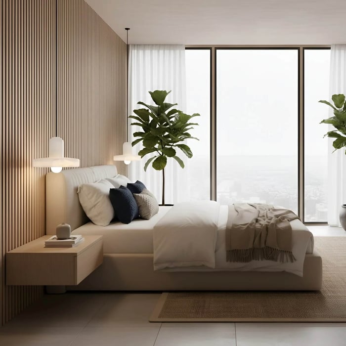 Minimalist bedroom interior with soft ambient lighting and modern alabaster bedside pendant lights.