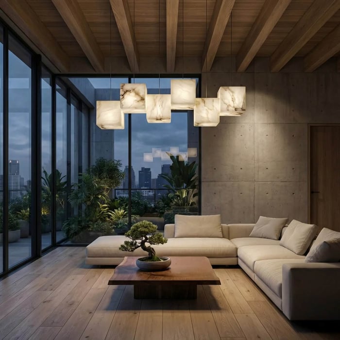 Contemporary living room featuring sculptural alabaster pendant lighting with marble cube shades.