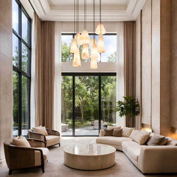 Luxury living room with tall windows and elegant alabaster pendant lighting hanging above the seating area.