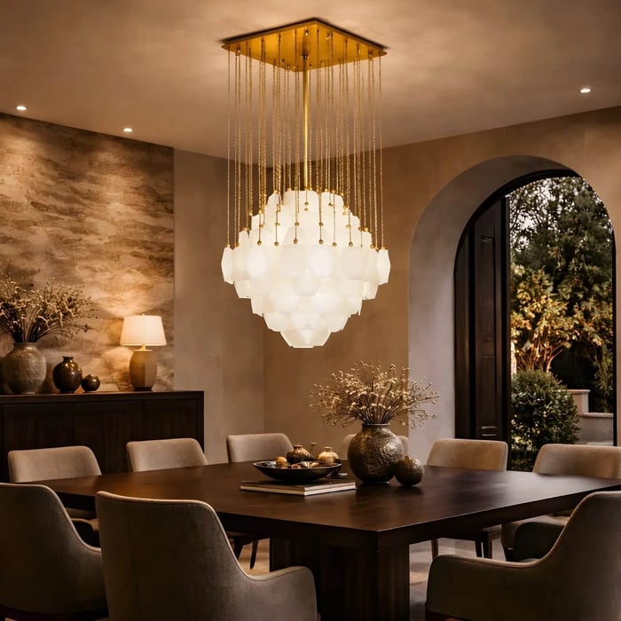 Large alabaster chandelier with layered stone panels and gold chains above a dark wood dining table.