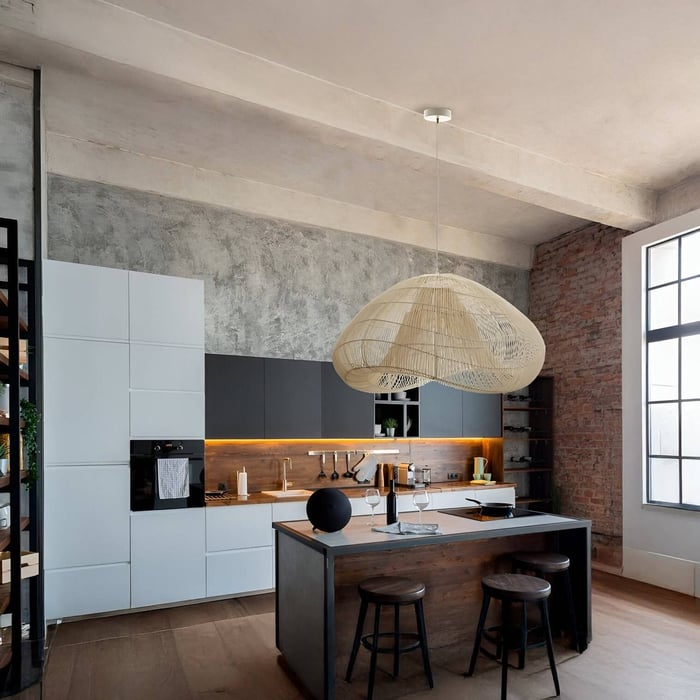 Kitchen with sculptural rattan pendant over island, grey walls & wood accents