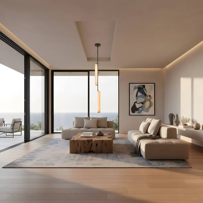 Slim vertical alabaster pendant light suspended in a minimalist living room with ocean views and neutral furnishings.