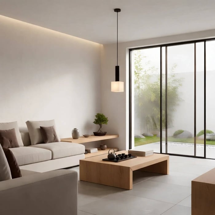 Single square alabaster pendant light suspended in a serene minimalist living room with garden view.