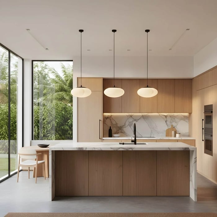 Three alabaster pendant lights hanging over a modern kitchen island with marble worktop and wood cabinetry.