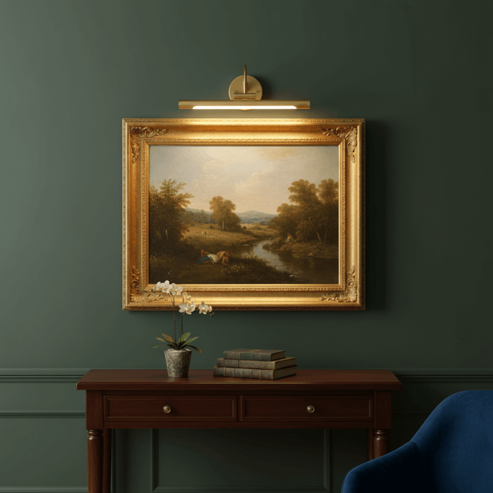 Gold picture light illuminating an ornate framed landscape painting on a deep green wall above a wooden console table.