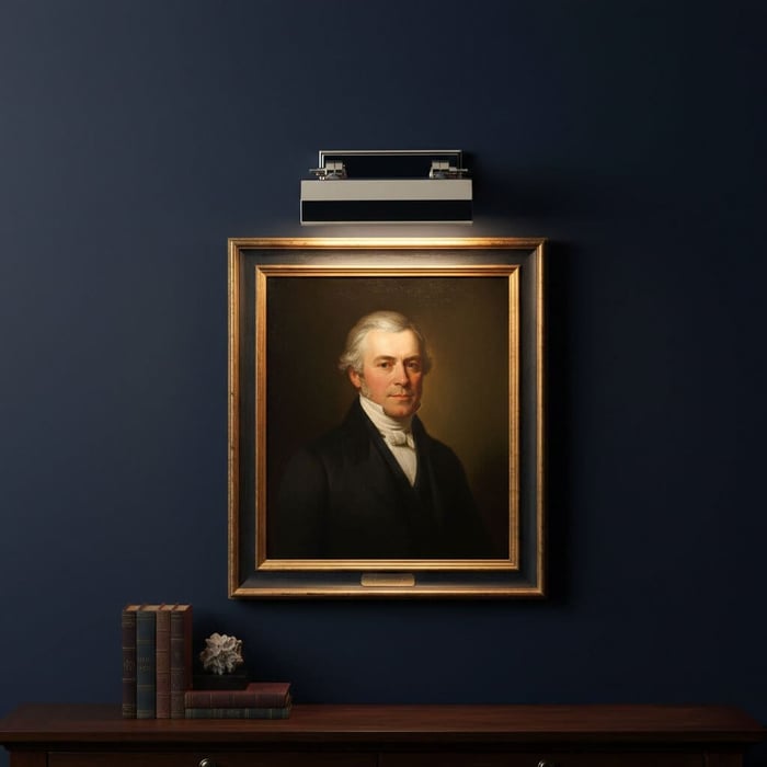Framed portrait on a dark blue wall illuminated by a picture light above, with books on a wooden console below.