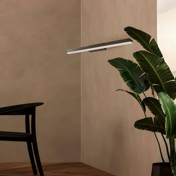 Minimalist room with a wall-mounted LED picture light on a beige plaster wall, a black chair edge, and a tall potted banana plant in warm sunlight.