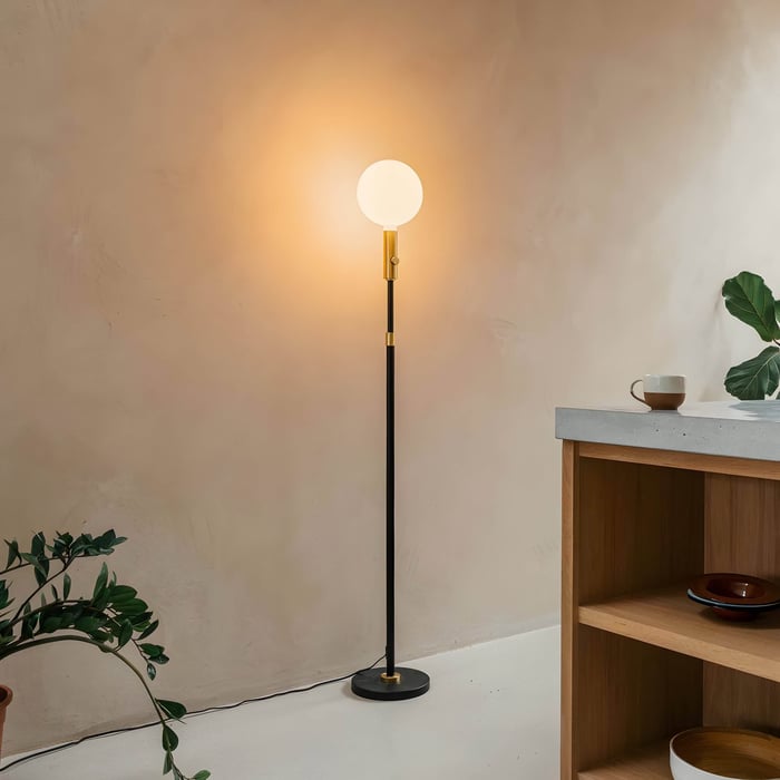  Minimal kitchen corner with a black and brass floor lamp casting warm light beside a wooden shelving unit.