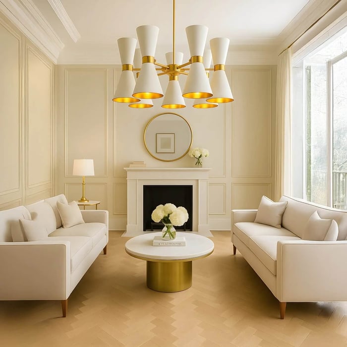 Modern white-and-gold multi-shade chandelier centred in a neutral living room with matching sofas, a round coffee table, and a fireplace.