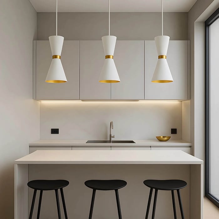 Minimalist white kitchen with three white cone pendant lights featuring brass accents over a clean island and black stools.