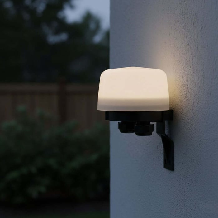 Outdoor wall sconce with a frosted dome shade glowing warmly on a light-gray stucco wall at dusk, with a soft, blurred backyard in the background.