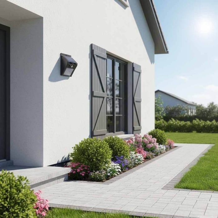 Bright daytime view of a modern white house exterior with gray shutters, a small wall light, a paved walkway, and colorful landscaping along the side yard.