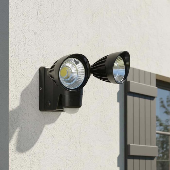 Black dual-head motion-sensor security floodlight mounted on a white exterior wall in daylight near a window shutter.