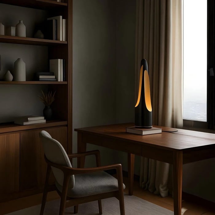 Warm-lit modern desk scene with a sculptural black-and-gold table lamp on a wooden desk beside a window, with built-in bookshelves and a cushioned chair in a calm, minimalist room.