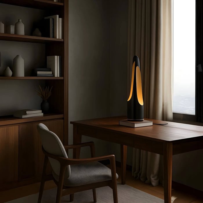 Tall sculptural black table lamp with warm inner glow on a wooden desk beside a window and bookcase.