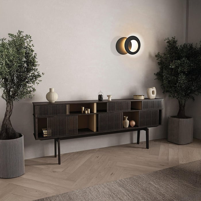 Modern hallway with wooden console, potted trees, and circular overlapping wall light.