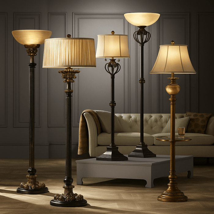 Assorted traditional floor lamps in brass and bronze with pleated and bowl shades in a classic living room.