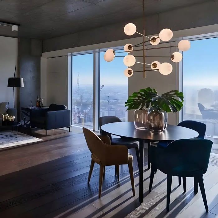 High-rise dining area with modern dining room lights in a sputnik style, paired with velvet chairs and skyline views.