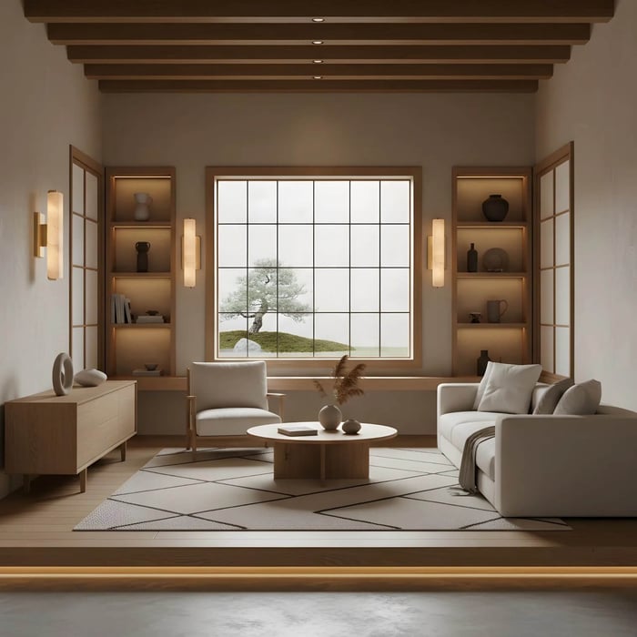 Minimalist living room with wooden beams and built-in shelves, featuring vertical alabaster wall lights sconces beside a large window overlooking a small landscaped tree.