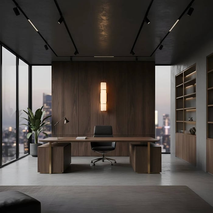 Executive office with wood-paneled wall and city skyline windows, highlighted by a stacked vertical wall sconce above a large wooden desk.