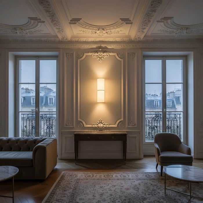 Classic interior with decorative ceiling moldings and tall French windows, centered around a glowing vertical wall sconce above a console table.