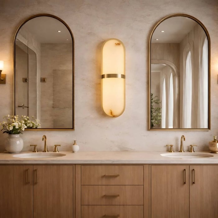 Elegant bathroom vanity with dual arched mirrors and brass fixtures, centered around a glowing oval wall sconce above a light wood cabinet.