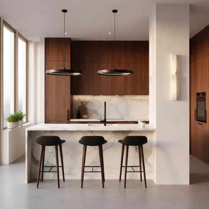 Modern kitchen with marble island and wood cabinetry, accented by a sculptural vertical wall light on a white column.
