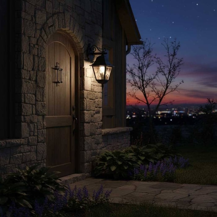 Rustic stone entryway at dusk with an arched wooden door and a glowing lantern-style outdoor wall light.