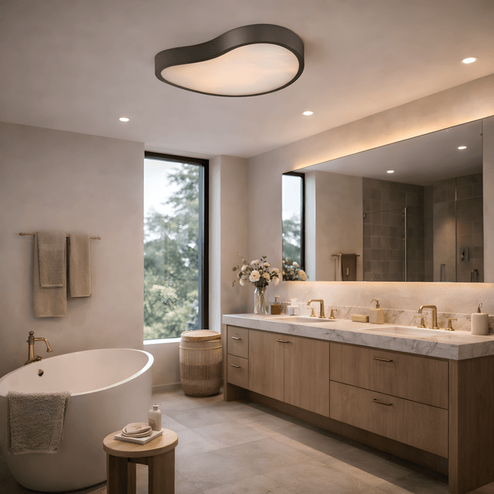 Modern bathroom with soft ceiling lighting, freestanding bathtub, wooden vanity, and warm neutral tones.